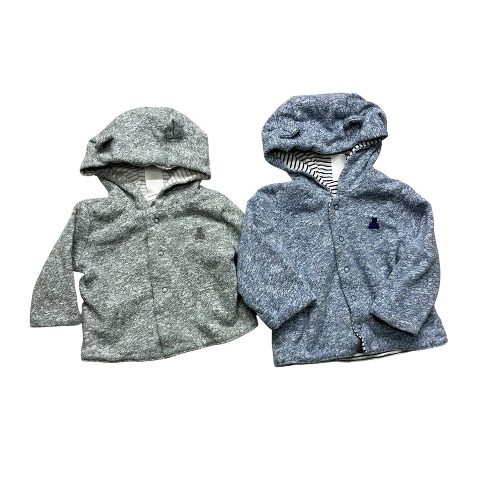 Baby Gap 0-3 3-6 Blue Gray Snap Button Reversible Sweater Bear Hood Logo
